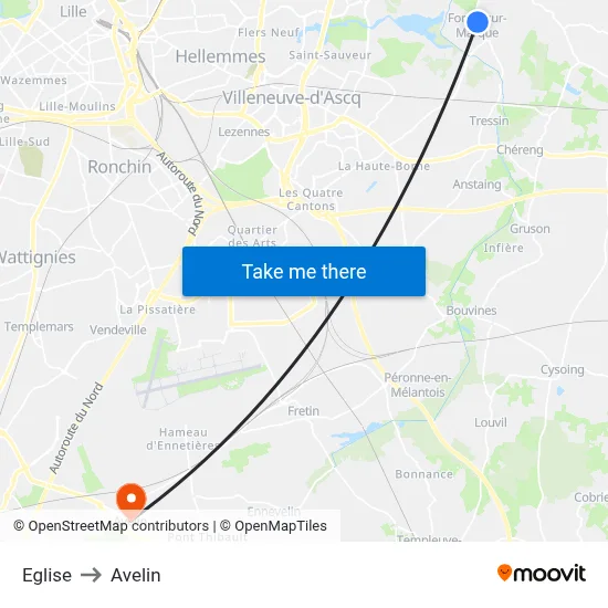 Eglise to Avelin map