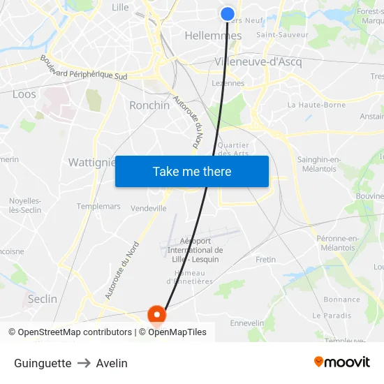 Guinguette to Avelin map