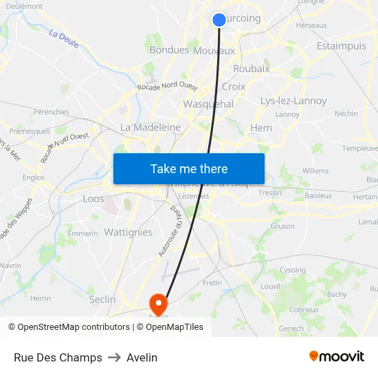 Rue Des Champs to Avelin map