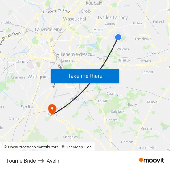 Tourne Bride to Avelin map