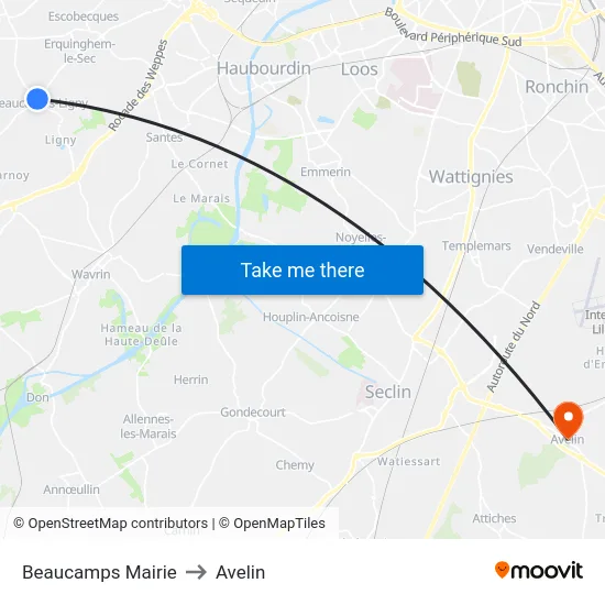 Beaucamps Mairie to Avelin map