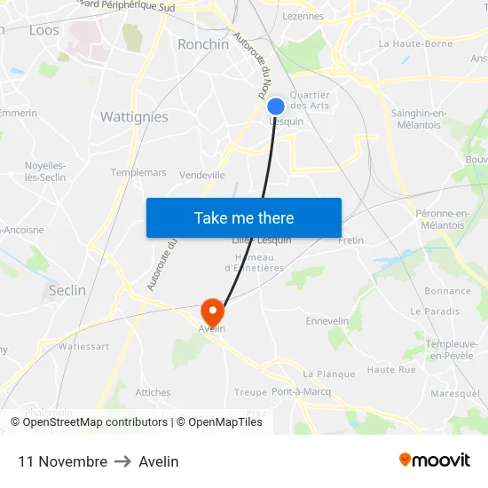 11 Novembre to Avelin map