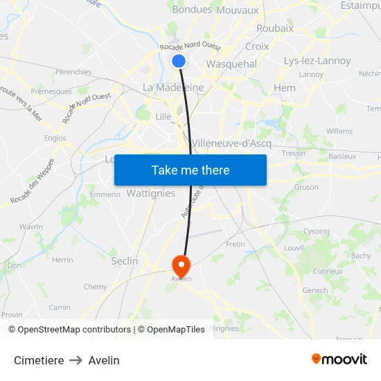 Cimetiere to Avelin map
