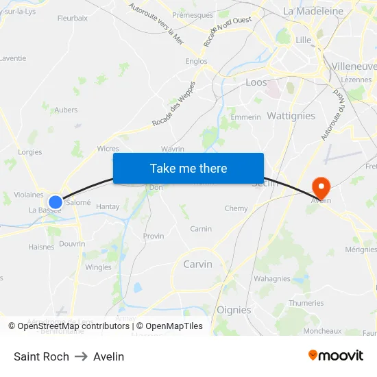 Saint Roch to Avelin map