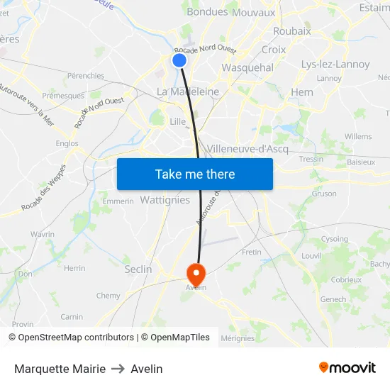 Marquette Mairie to Avelin map