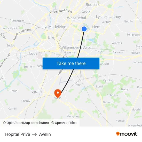 Hopital Prive to Avelin map