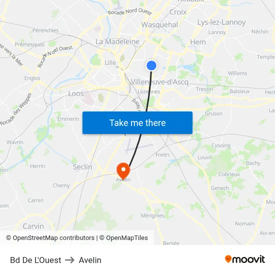 Bd De L'Ouest to Avelin map