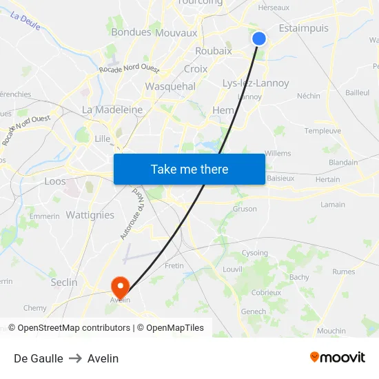 De Gaulle to Avelin map