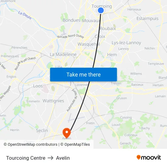Tourcoing Centre to Avelin map