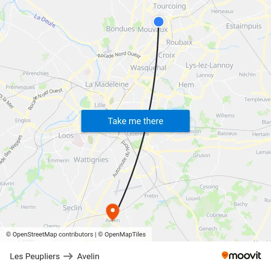 Les Peupliers to Avelin map