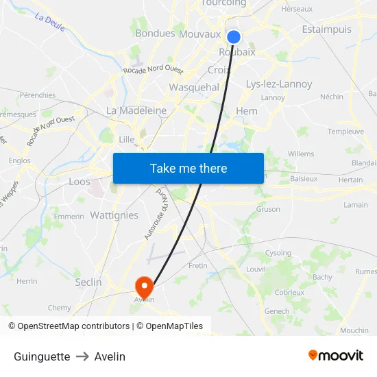 Guinguette to Avelin map