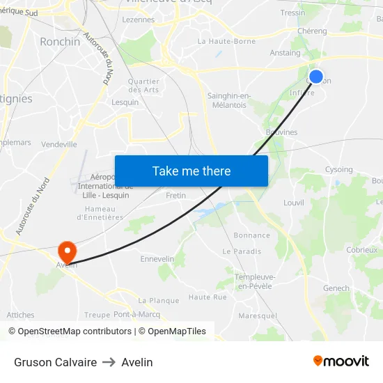 Gruson Calvaire to Avelin map
