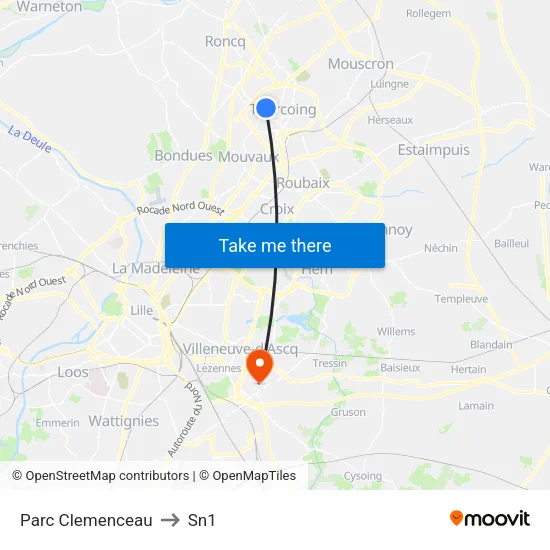 Parc Clemenceau to Sn1 map