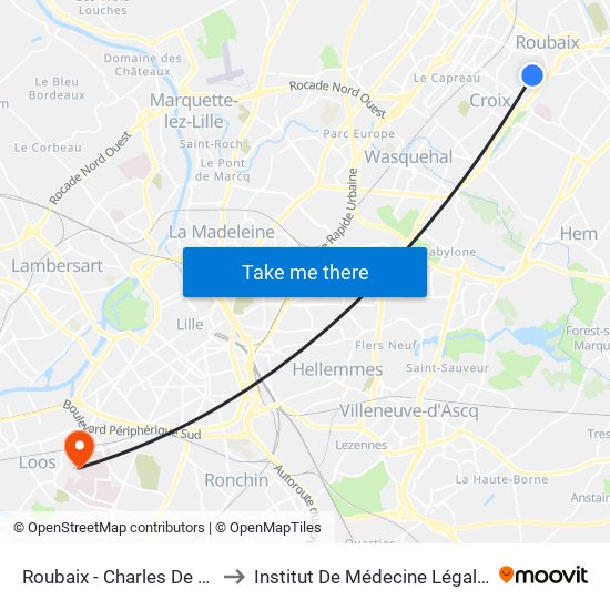 Roubaix - Charles De Gaulle to Institut De Médecine Légale (Iml) map