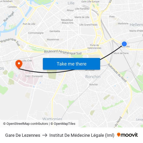 Gare De Lezennes to Institut De Médecine Légale (Iml) map