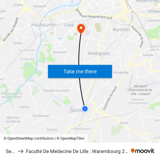 Seclin to Faculté De Médecine De Lille : Warembourg 2 - Pôle Formation map