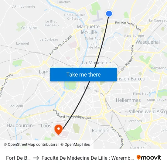 Fort De Bondues to Faculté De Médecine De Lille : Warembourg 2 - Pôle Formation map