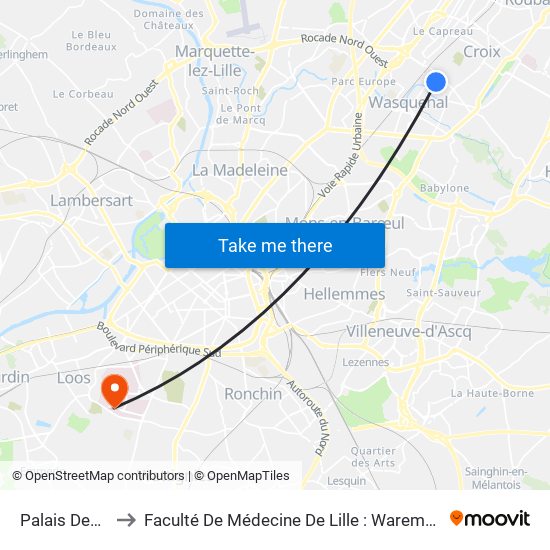 Palais Des Metiers to Faculté De Médecine De Lille : Warembourg 2 - Pôle Formation map