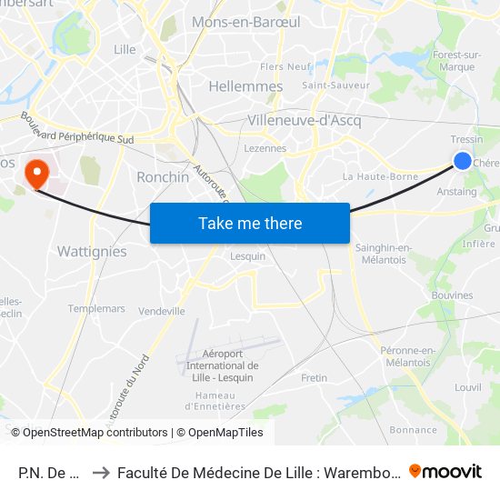 P.N. De Tressin to Faculté De Médecine De Lille : Warembourg 2 - Pôle Formation map