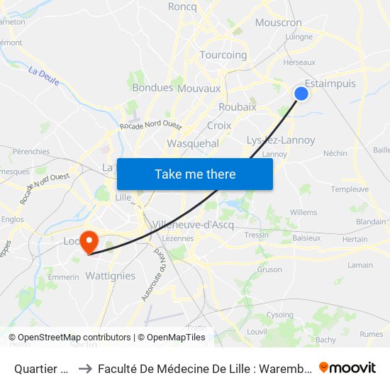 Quartier Beaulieu to Faculté De Médecine De Lille : Warembourg 2 - Pôle Formation map