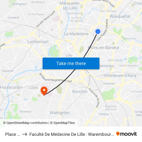 Place Tiers to Faculté De Médecine De Lille : Warembourg 2 - Pôle Formation map