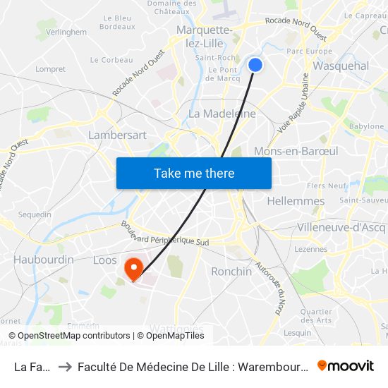 La Fayette to Faculté De Médecine De Lille : Warembourg 2 - Pôle Formation map