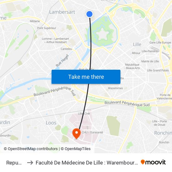 Republique to Faculté De Médecine De Lille : Warembourg 2 - Pôle Formation map