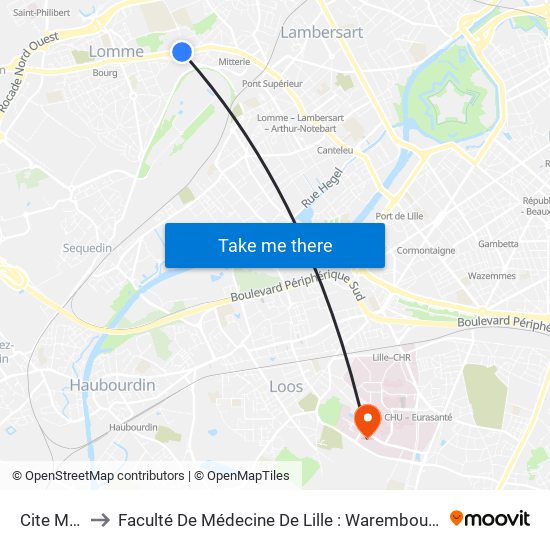 Cite Mouray to Faculté De Médecine De Lille : Warembourg 2 - Pôle Formation map