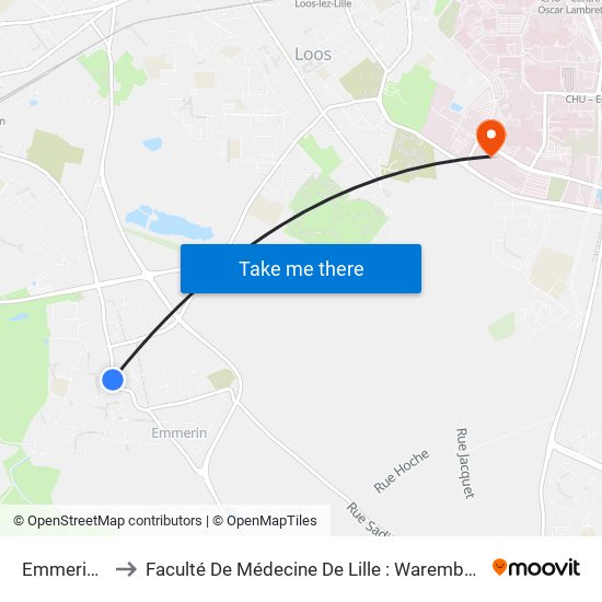 Emmerin Mairie to Faculté De Médecine De Lille : Warembourg 2 - Pôle Formation map