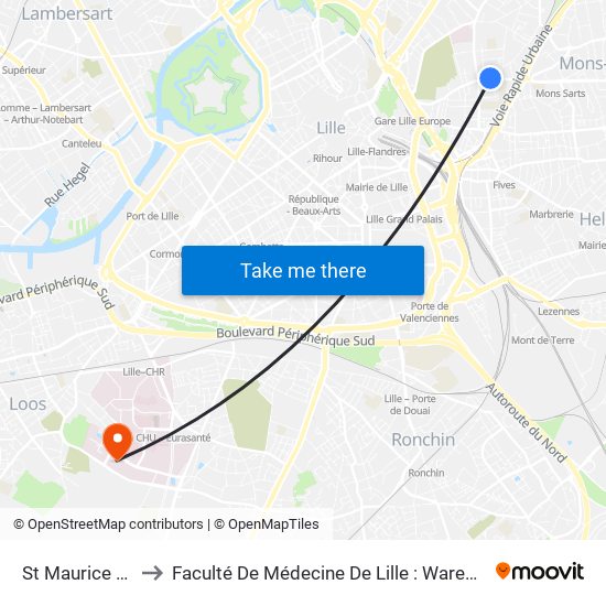 St Maurice Pellevoisin to Faculté De Médecine De Lille : Warembourg 2 - Pôle Formation map