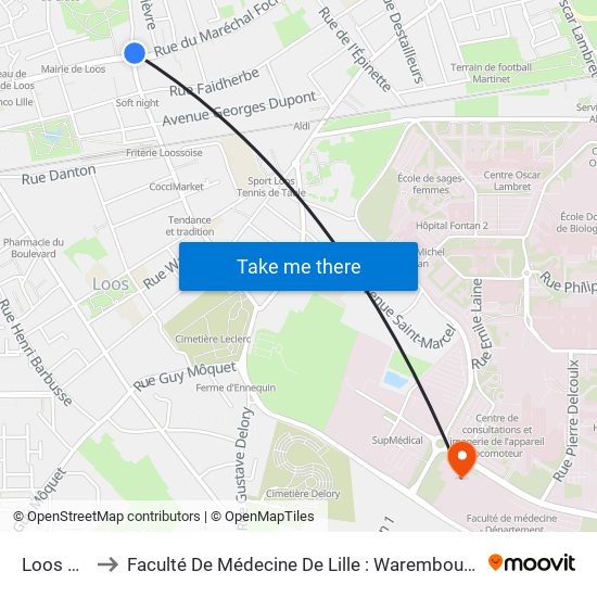 Loos Mairie to Faculté De Médecine De Lille : Warembourg 2 - Pôle Formation map