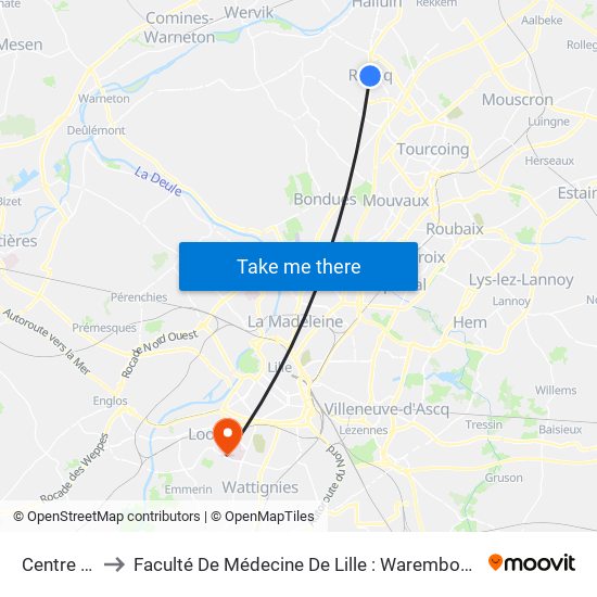 Centre Social to Faculté De Médecine De Lille : Warembourg 2 - Pôle Formation map