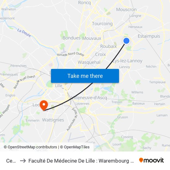 Centre to Faculté De Médecine De Lille : Warembourg 2 - Pôle Formation map