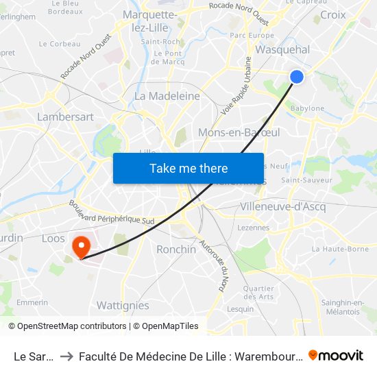 Le Sart Sud to Faculté De Médecine De Lille : Warembourg 2 - Pôle Formation map