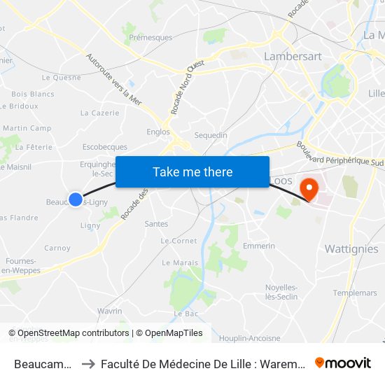 Beaucamps Mairie to Faculté De Médecine De Lille : Warembourg 2 - Pôle Formation map
