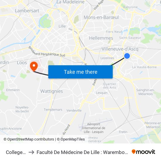 College Triolo to Faculté De Médecine De Lille : Warembourg 2 - Pôle Formation map