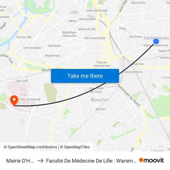 Mairie D'Hellemmes to Faculté De Médecine De Lille : Warembourg 2 - Pôle Formation map