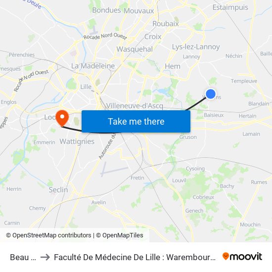 Beau Coin to Faculté De Médecine De Lille : Warembourg 2 - Pôle Formation map