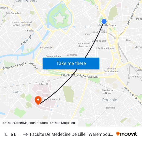 Lille Europe to Faculté De Médecine De Lille : Warembourg 2 - Pôle Formation map