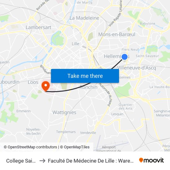 College Saint Exupery to Faculté De Médecine De Lille : Warembourg 2 - Pôle Formation map
