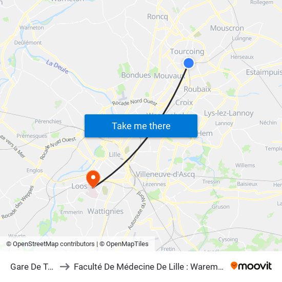 Gare De Tourcoing to Faculté De Médecine De Lille : Warembourg 1 - Pôle Recherche map