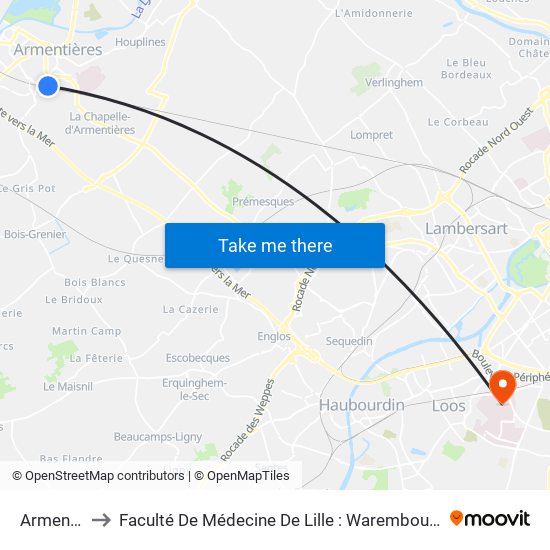 Armentières to Faculté De Médecine De Lille : Warembourg 1 - Pôle Recherche map