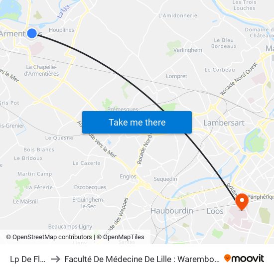 Lp De  Flandres to Faculté De Médecine De Lille : Warembourg 1 - Pôle Recherche map