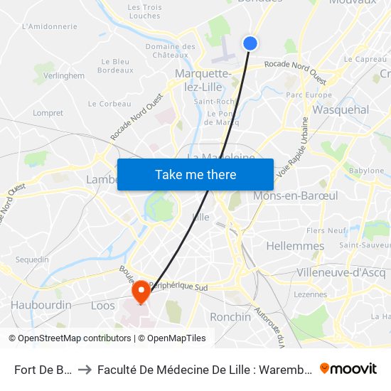 Fort De Bondues to Faculté De Médecine De Lille : Warembourg 1 - Pôle Recherche map