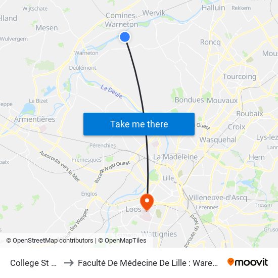 College St Joseph (F) to Faculté De Médecine De Lille : Warembourg 1 - Pôle Recherche map