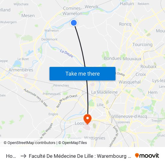 Hopital to Faculté De Médecine De Lille : Warembourg 1 - Pôle Recherche map