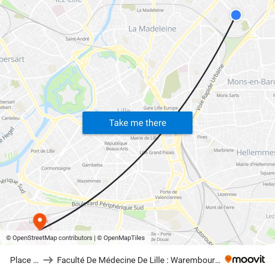 Place Tiers to Faculté De Médecine De Lille : Warembourg 1 - Pôle Recherche map