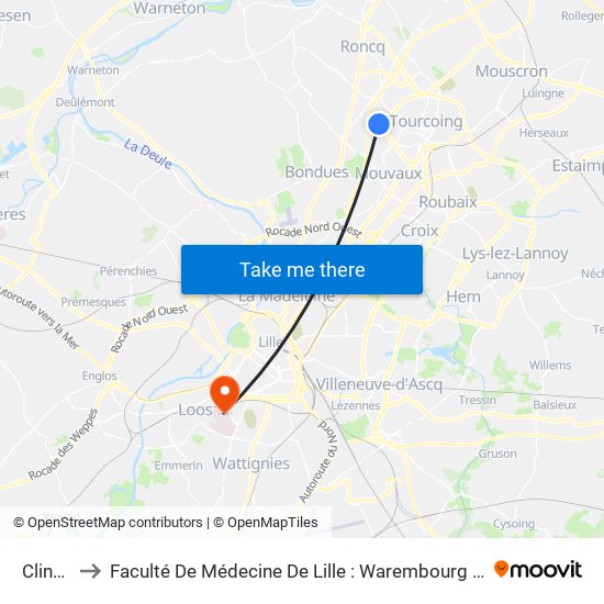 Clinquet to Faculté De Médecine De Lille : Warembourg 1 - Pôle Recherche map