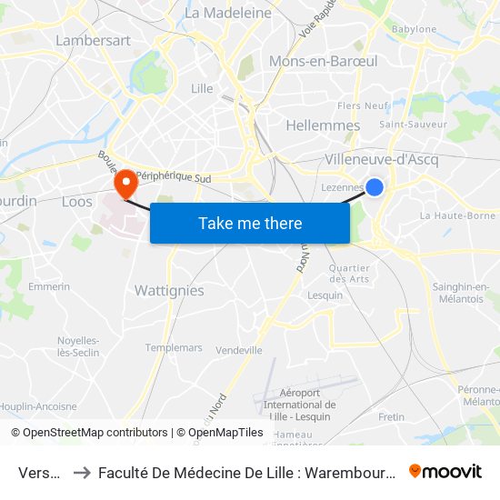 Versailles to Faculté De Médecine De Lille : Warembourg 1 - Pôle Recherche map