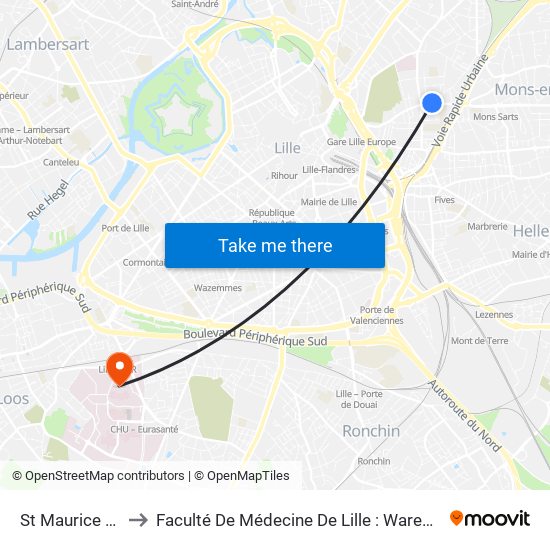 St Maurice Pellevoisin to Faculté De Médecine De Lille : Warembourg 1 - Pôle Recherche map